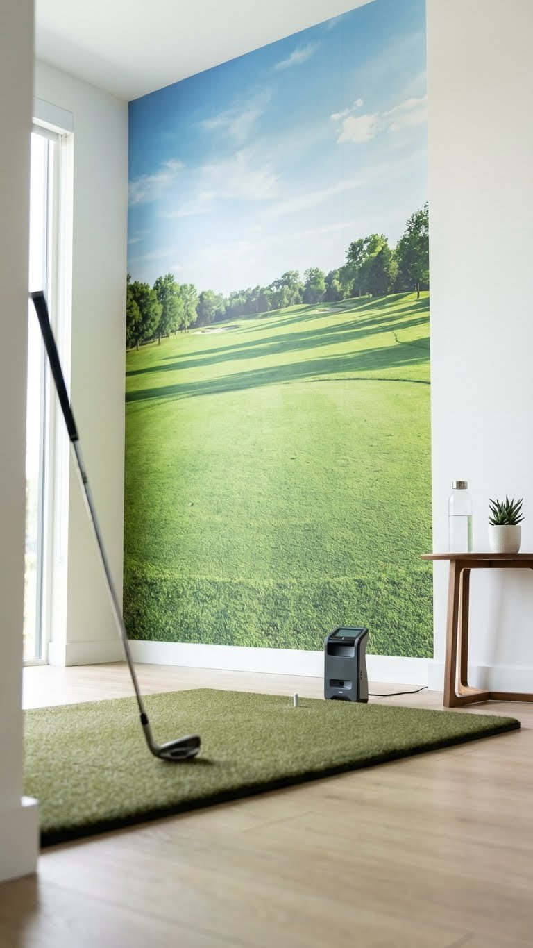 Vibrant Golf Course Wall Mural With A Lush Green Fairway And Blue Sky In A Modern Home Golf Simulator Room, Featuring A Golf Club On Mat.