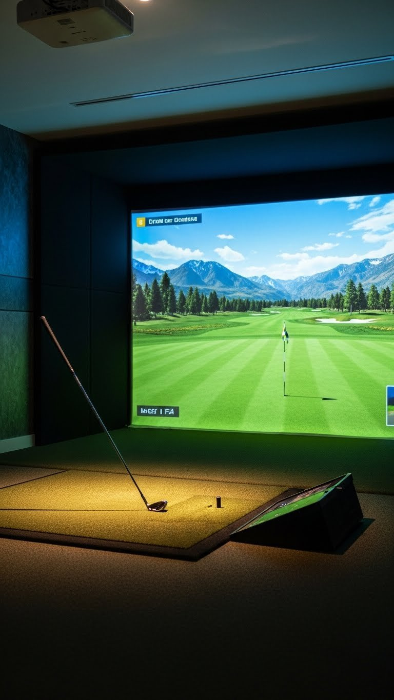 Golf Decor Ideas: 11 Ultimate Home Simulator Room Designs Vibrant High-Definition Golf Course Scene On An Indoor Simulator Impact Screen With Lush Greens, Fairways, Mountains, And A Golf Club.