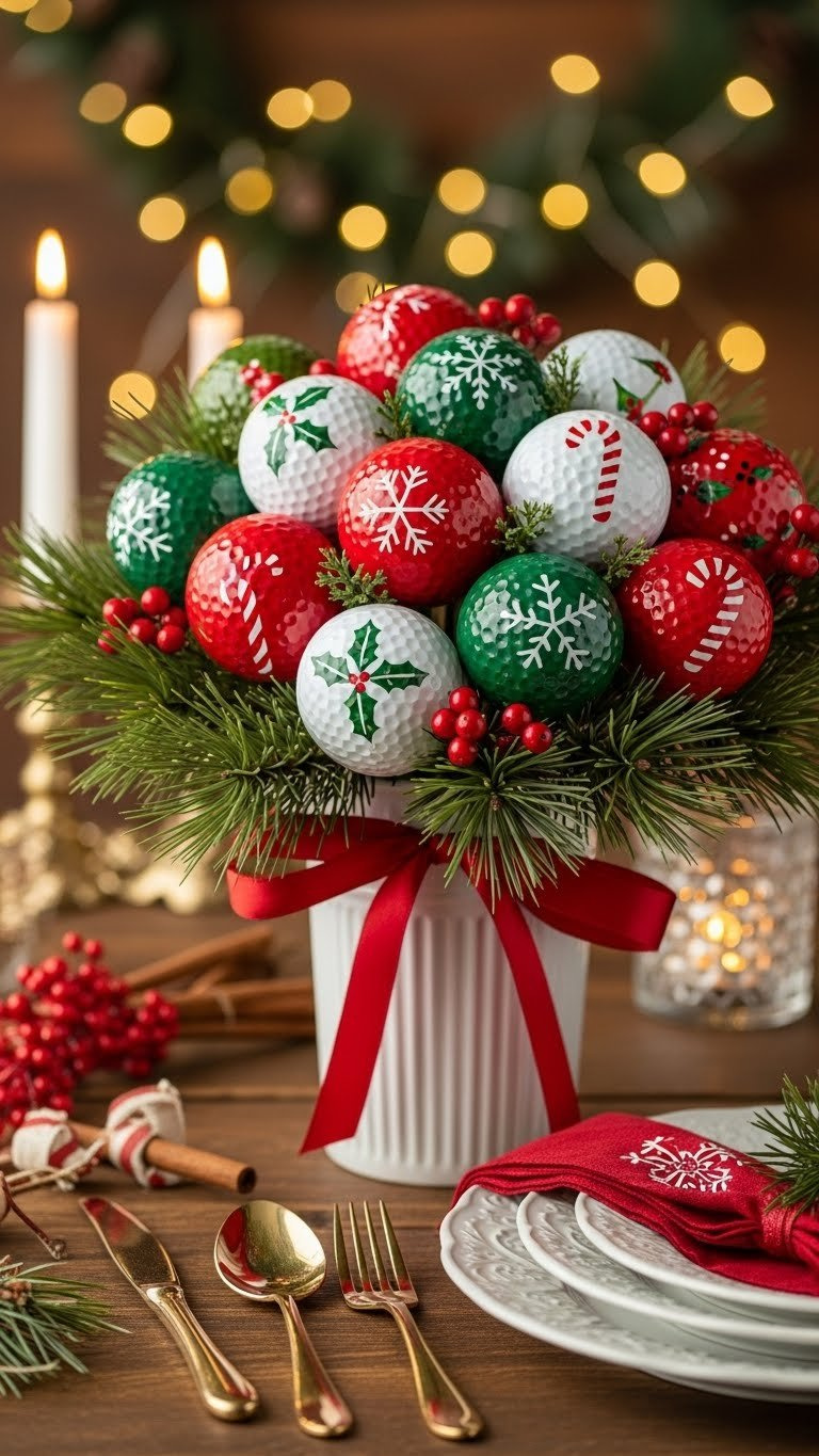 Painted Golf Ball Bouquet: 7 Unique Diy Gift Ideas Vibrant Holiday Golf Ball Arrangement: Christmas Motifs, Festive Sprigs, Ribbons On Rustic Table. Golden Hour Light.