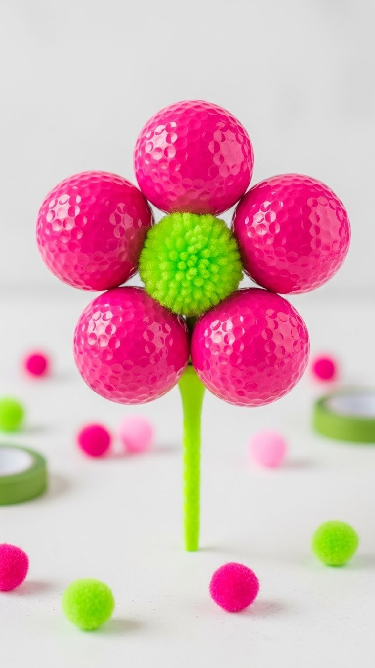 Vibrant Hot Pink Golf Ball Flower With A Lime Green Center On A White Background, A Unique Diy Golf-Themed Decoration.