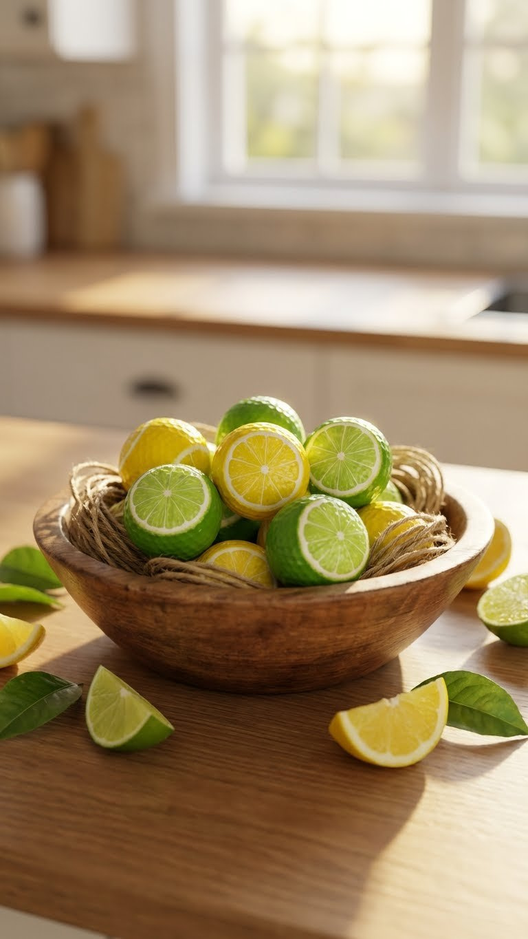 7 Creative Fruit Golf Ball Crafts: Easy Diy Ideas Vibrant Lemon And Lime Slice Golf Balls In A Rustic Wooden Bowl With Fresh Citrus Wedges, Creating A Cozy Kitchen Scene.