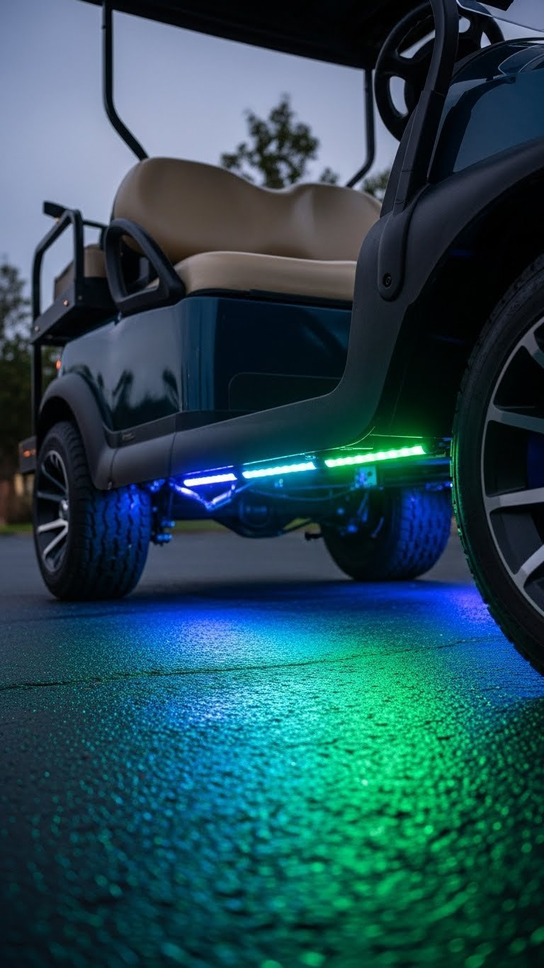 Vibrant Multi-Color Led Underglow Lights Illuminating A Golf Cart On Dark Asphalt With Electric Blue And Purple Lighting Effects