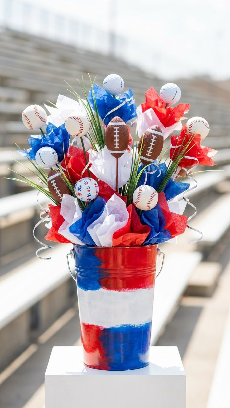 Unique Decorated Golf Ball Bouquet: Easy Diy Gift For Golfers Vibrant Multi-Sport Ball Bouquet With Golf, Baseball, Football, And Tissue In A Metal Bucket. Perfect Game Day Sports Fan Gift.
