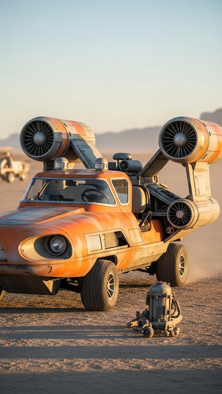 Vibrant Orange X-34 Landspeeder Golf Cart Replica With Turbine Engines Parked On Dusty Desert Road During Golden Hour