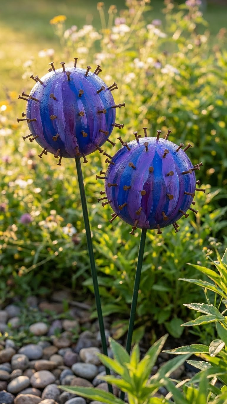 Vibrant Plastic Golf Ball Allium Flowers With Metal Nails In Purple And Blue, On Green Stems, In A Peaceful Garden Setting.