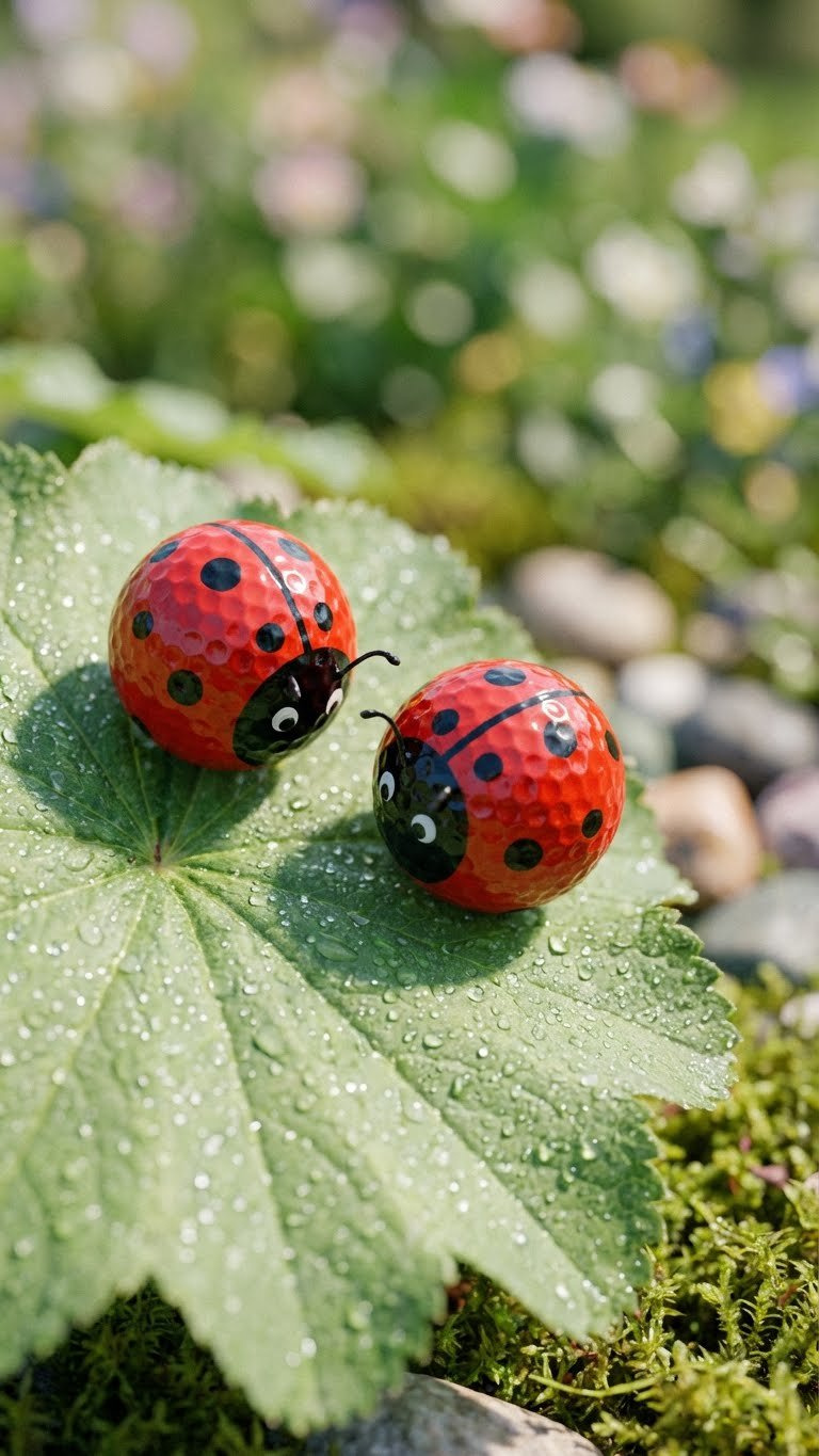 Golf Ball Crafts Projects: 7 Genius Upcycling Ideas Vibrant Red Golf Ball Ladybugs With Black Spots And Antennae On A Dewy Green Leaf In A Sunlit Garden, Ideal Whimsical Outdoor Decor.