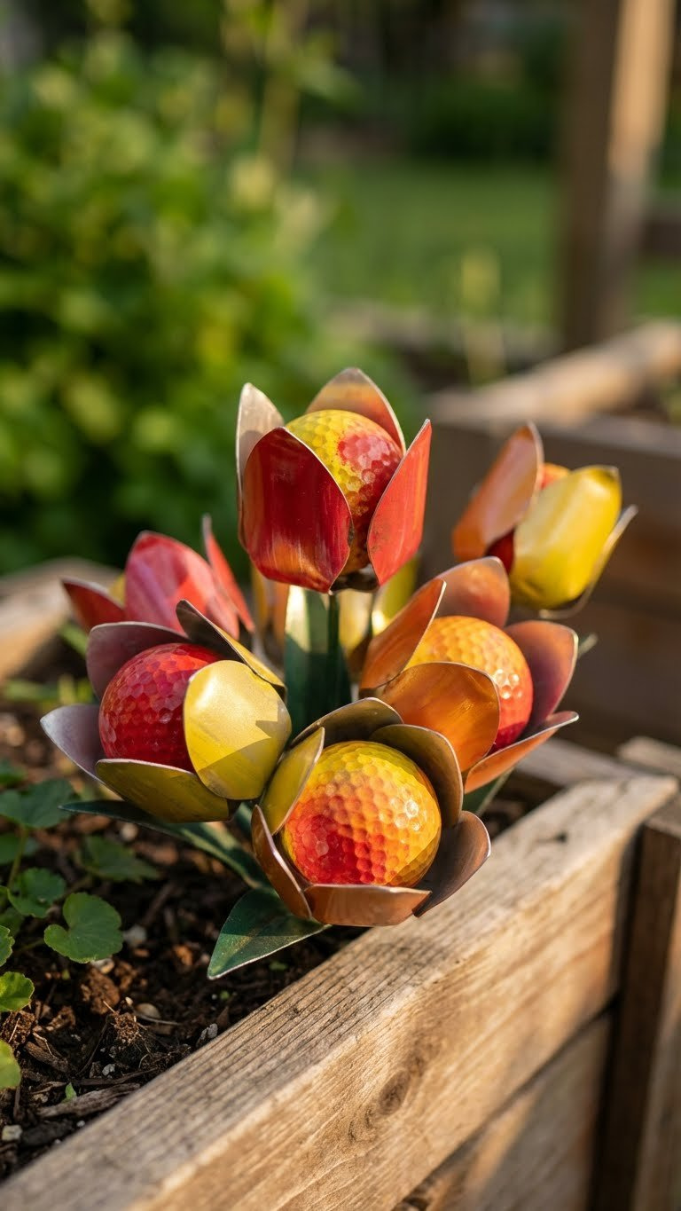 Vibrant Red, Yellow, And Orange Tulip Golf Ball Art With Metallic Petals, Nestled In A Rustic Wooden Planter With A Blurred Garden Background.
