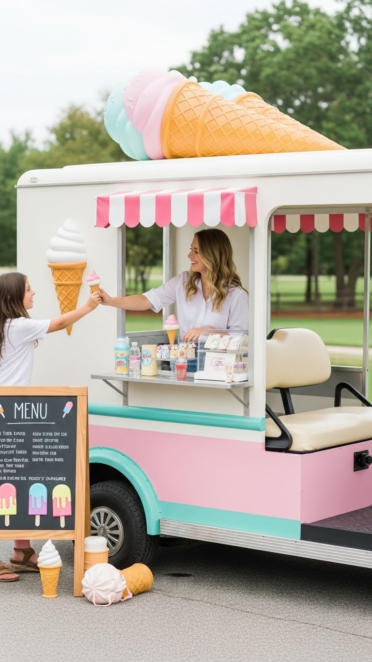 Vibrant Retro Ice Cream Truck Golf Cart With Oversized Colorful Cones And Striped Awning In Soft Pastel Colors On Paved Road