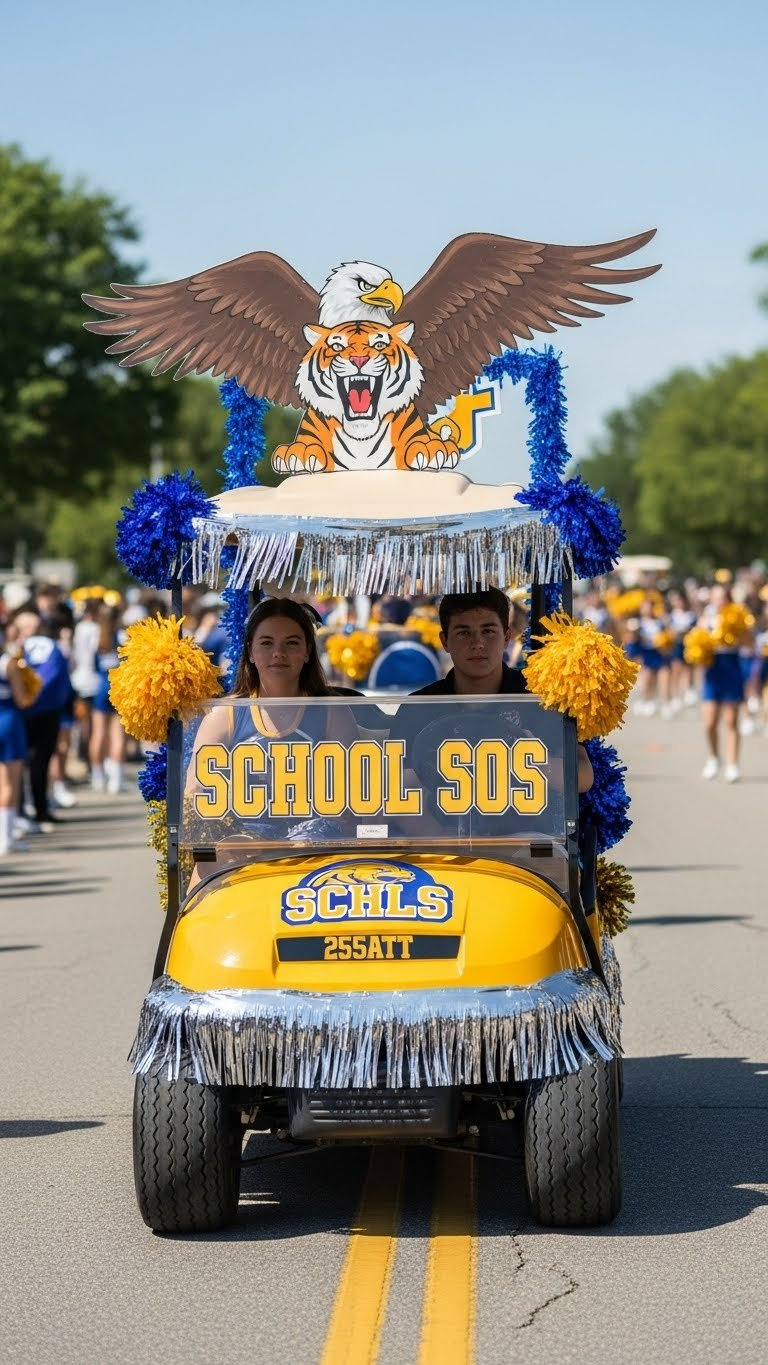 Vibrant School Spirit Golf Cart Parade Float With Mascot Cutout, Colorful Streamers, And Pom Poms Against Blurred Crowd Background