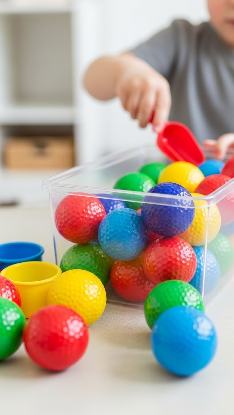 Vibrant Sensory Bin Overflows With Colorful Golf Balls As A Child'S Hands Reach For Scoops And Tongs In A Bright Playroom.