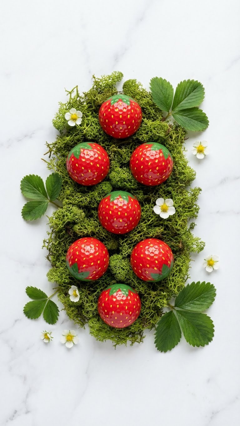 7 Creative Fruit Golf Ball Crafts: Easy Diy Ideas Vibrant Strawberry Spot Golf Balls Nestled In Green Moss On A White Marble Countertop With Leaves And Tiny Flowers.