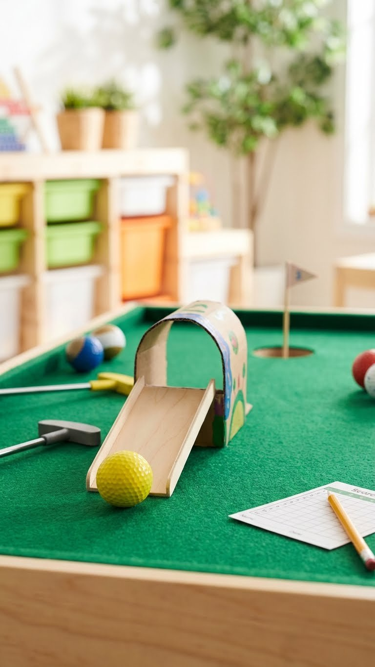 Essential Golf Ball Crafts: 13 Birthday Gifts That Impress Vibrant Tabletop Mini Golf Game Set Features A Brightly Painted Golf Ball Approaching A Custom Obstacle On Green Felt.