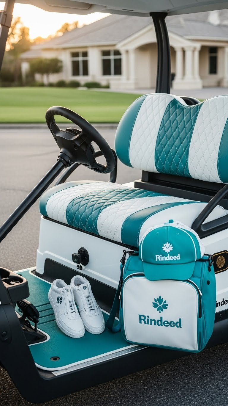Vibrant Teal And White Diamond-Stitch Golf Cart Seat Cover With Matching Steering Wheel And Floor Mats In Luxury Setting