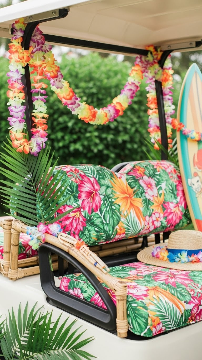 Vibrant Tropical Fabric And Floral Leis Decorating A Tiki Golf Cart With Lush Green Foliage Background