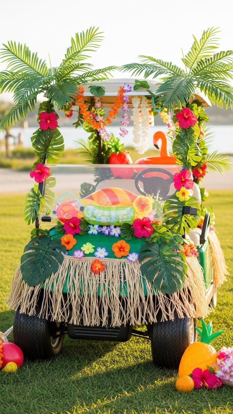 Vibrant Tropical Luau Golf Cart Float With Palm Fronds, Hibiscus Flowers, And Leis In Golden Hour Light