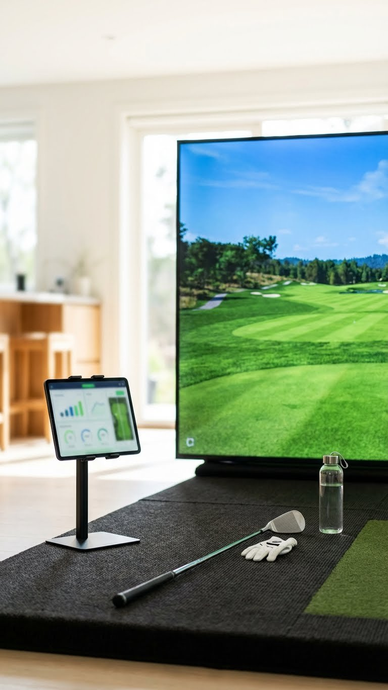Vibrant Virtual Golf Course On An Impact Screen With Swing Data On A Tablet, Showcasing Immersive Golf Simulator Software.