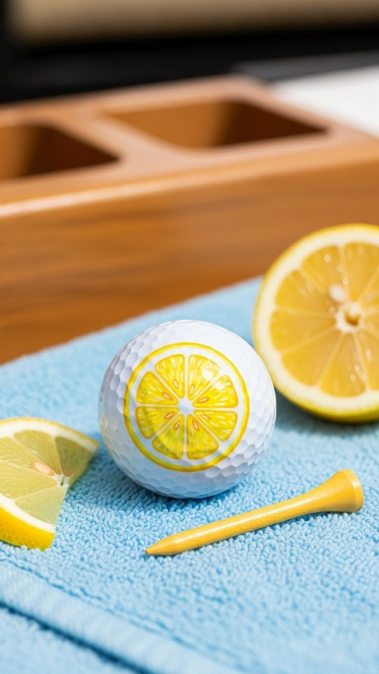 Vibrant Yellow Lemon Wedge Design On White Golf Ball Resting On Blue Towel With Soft Lighting