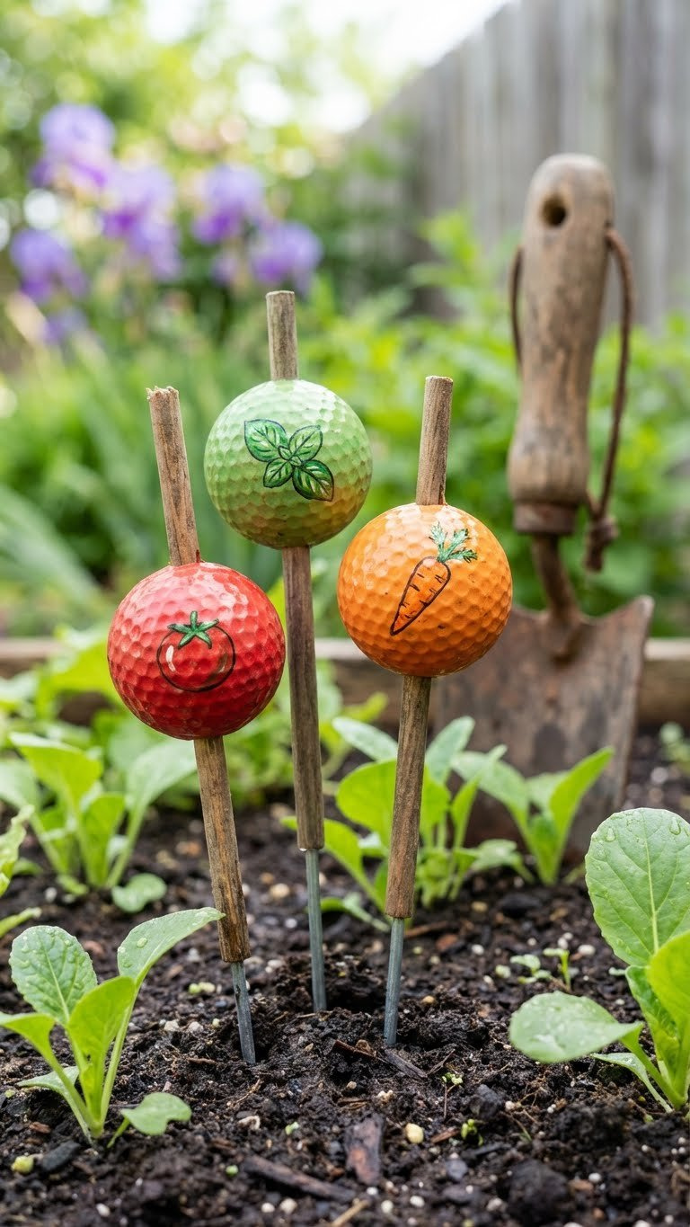 Vibrantly Painted Golf Ball Garden Markers On Wooden Dowels Are Neatly Inserted Into Rich Garden Soil Among Green Seedlings.