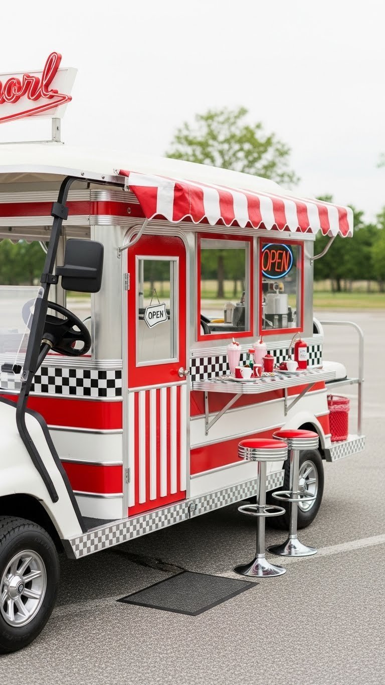 Vintage 1950S Diner-Themed Golf Cart With Checkered Patterns, Red And White Striped Awnings, And Chrome Accents In Outdoor Setting