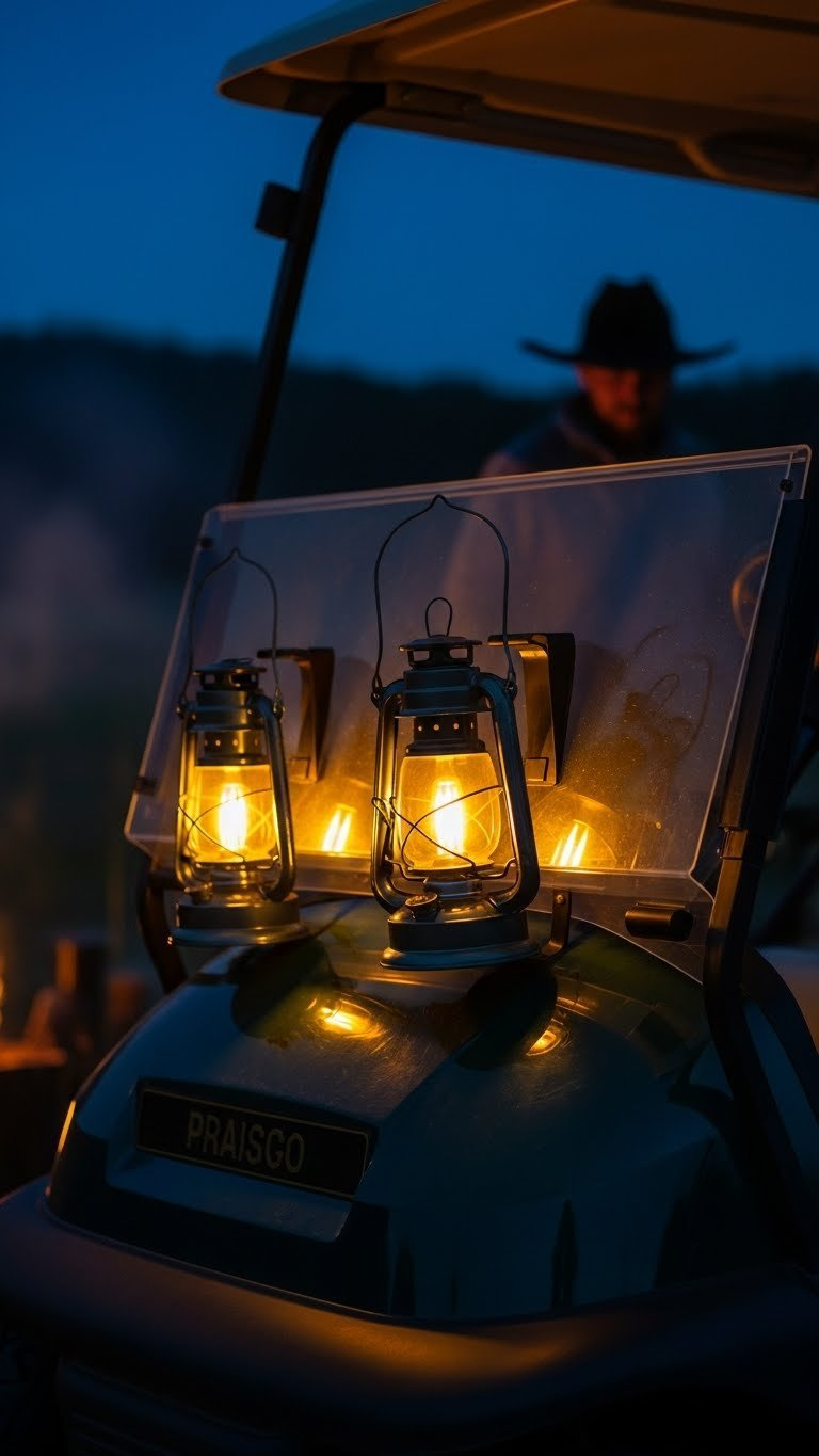 Vintage Led Wagon Lanterns Casting Warm Glow On Rodeo Golf Cart In Evening Setting