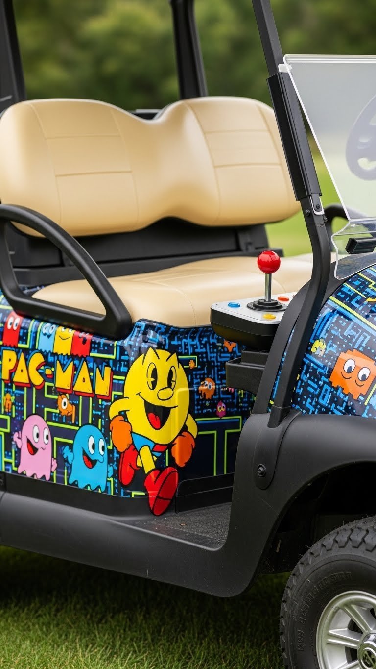 Vintage Pac-Man Arcade Golf Cart Featuring Yellow Pac-Man Chasing Ghosts Against A Pixelated Maze Background
