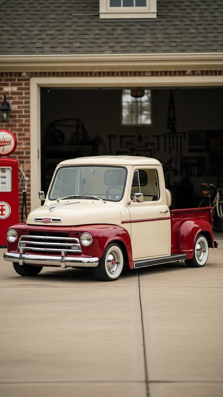 Vintage-Inspired Golf Cart With Chrome Accents And Two-Tone Paint Parked In Front Of Rustic Brick Garage