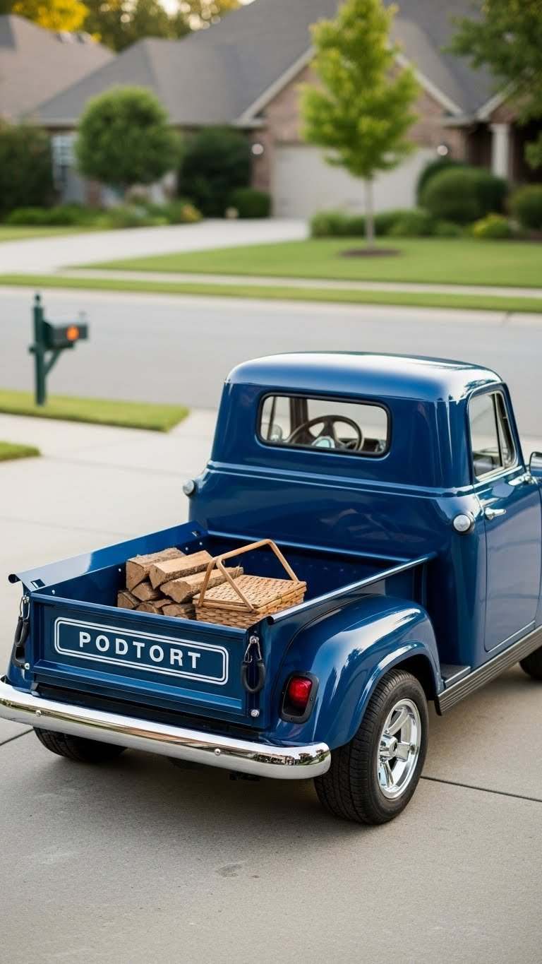 Vintage-Inspired Golf Cart With Classic Pickup Truck Body Kit Featuring Deep Blue Paint And Chrome Accents On Paved Driveway