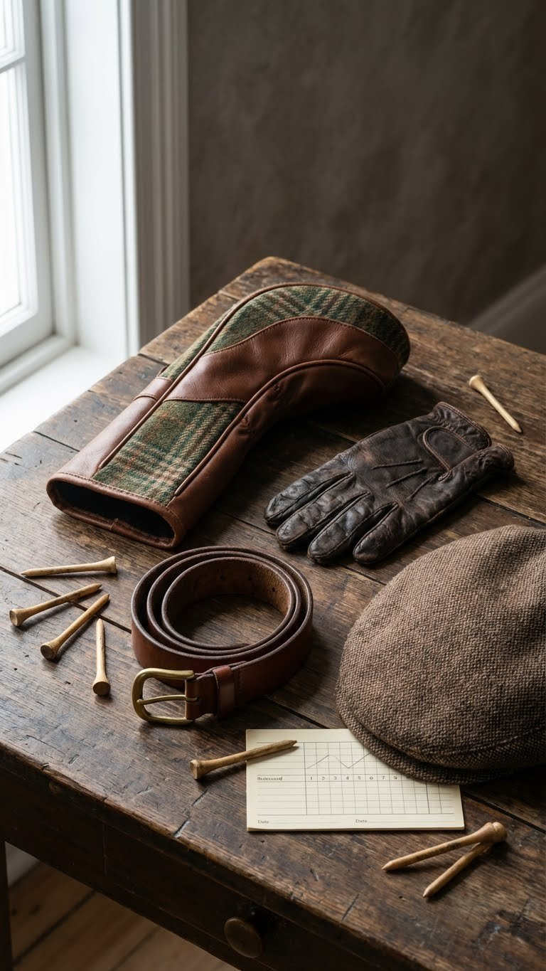 Vintage Leather Golf Accessories Flat Lay: Tweed Headcover, Glove, Belt, Newsboy Cap, Tees On A Rustic Wooden Table.