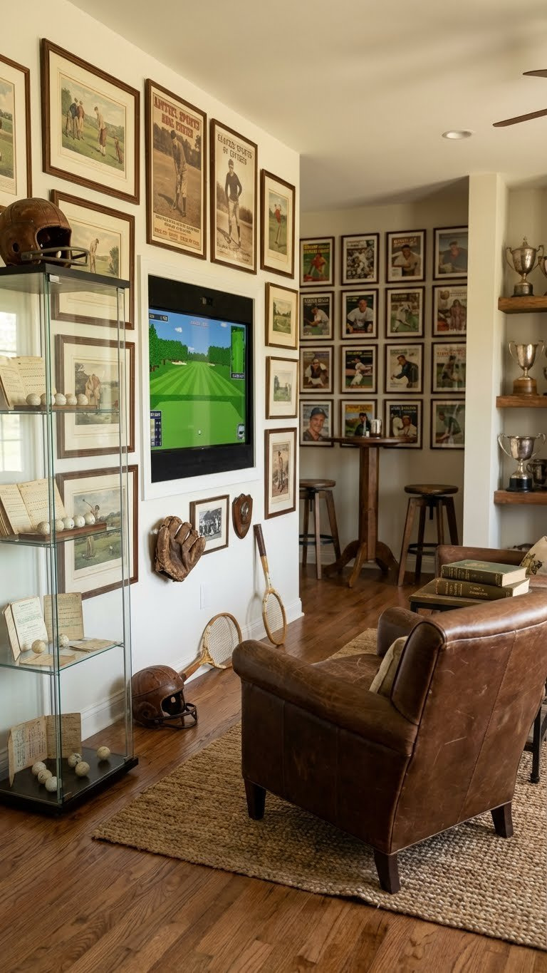 Vintage Sports Golf Simulator Featuring Memorabilia, Leather Armchair, And A Classic Golf Course On Screen.
