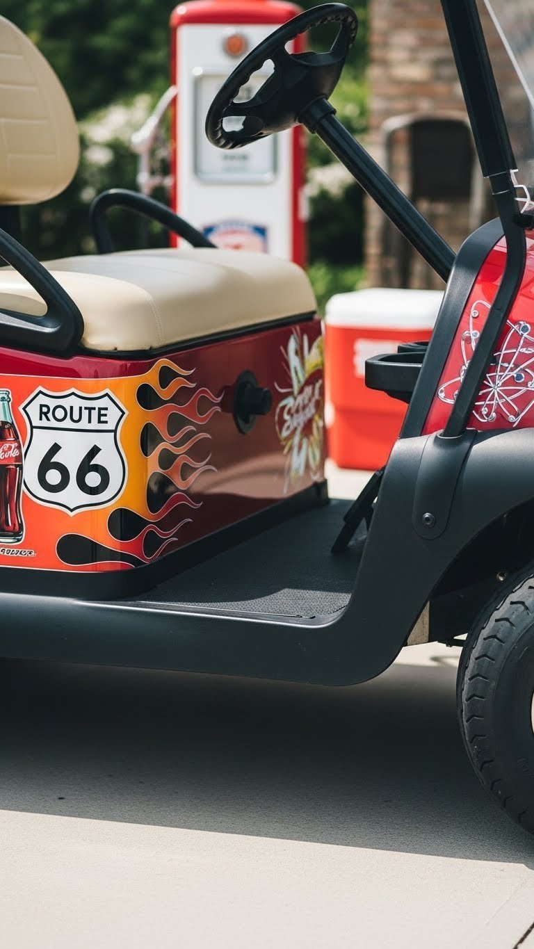 Vintage Vinyl Decal Golf Cart Featuring Route 66 Shields, Stylized Flames, And Retro Graphics On Side Panel