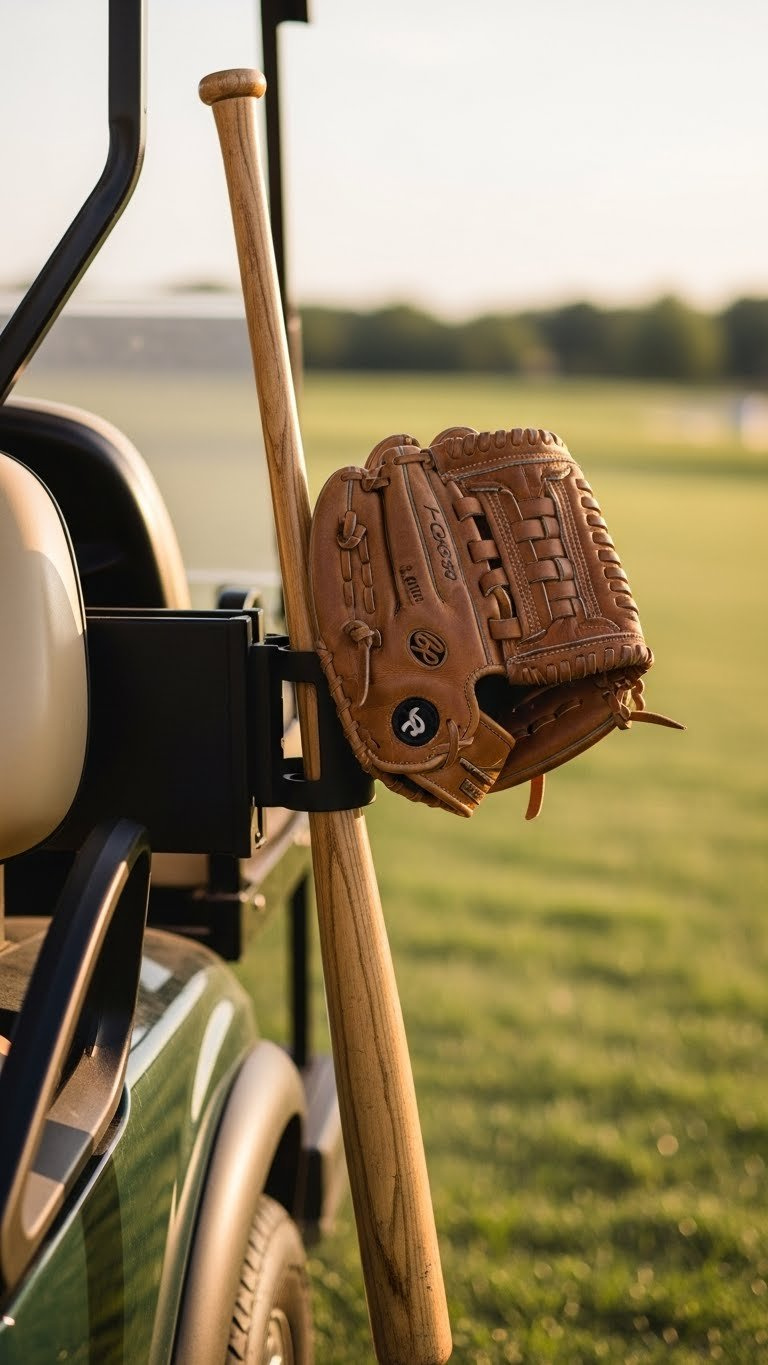 Vintage Wooden Baseball Bat And Leather Glove Securely Mounted On Custom Golf Cart Exterior In Park Setting