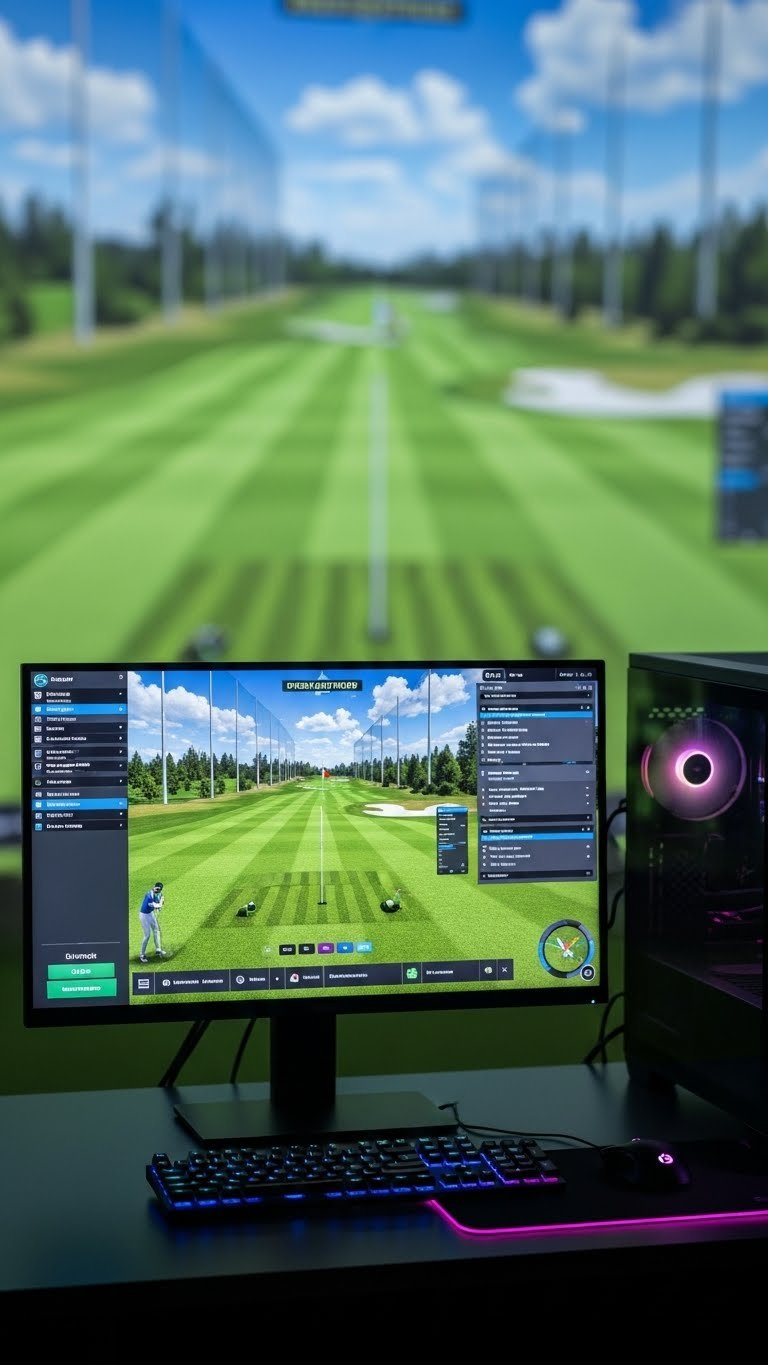 Virtual Golf Course, Swing Data, And Player Avatar Displayed On A Large Golf Simulator Software Interface Screen.