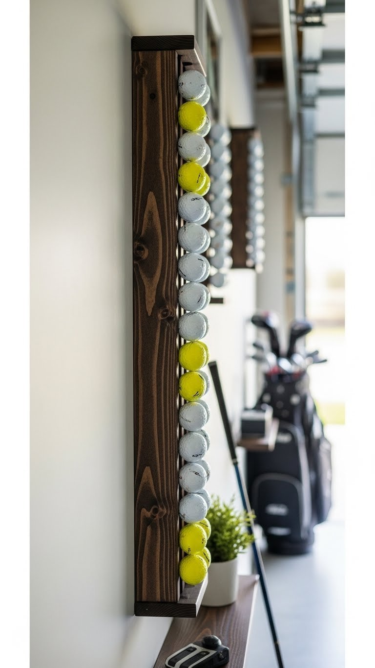 Golf Ball Storage Ideas: Top 9 Ways To Organize &Amp; Protect Wall-Mounted Dark Stained Wooden Golf Ball Rack Holding Rows Of Brightly Colored Balls In An Organized Garage Setting With Golf Club Nearby