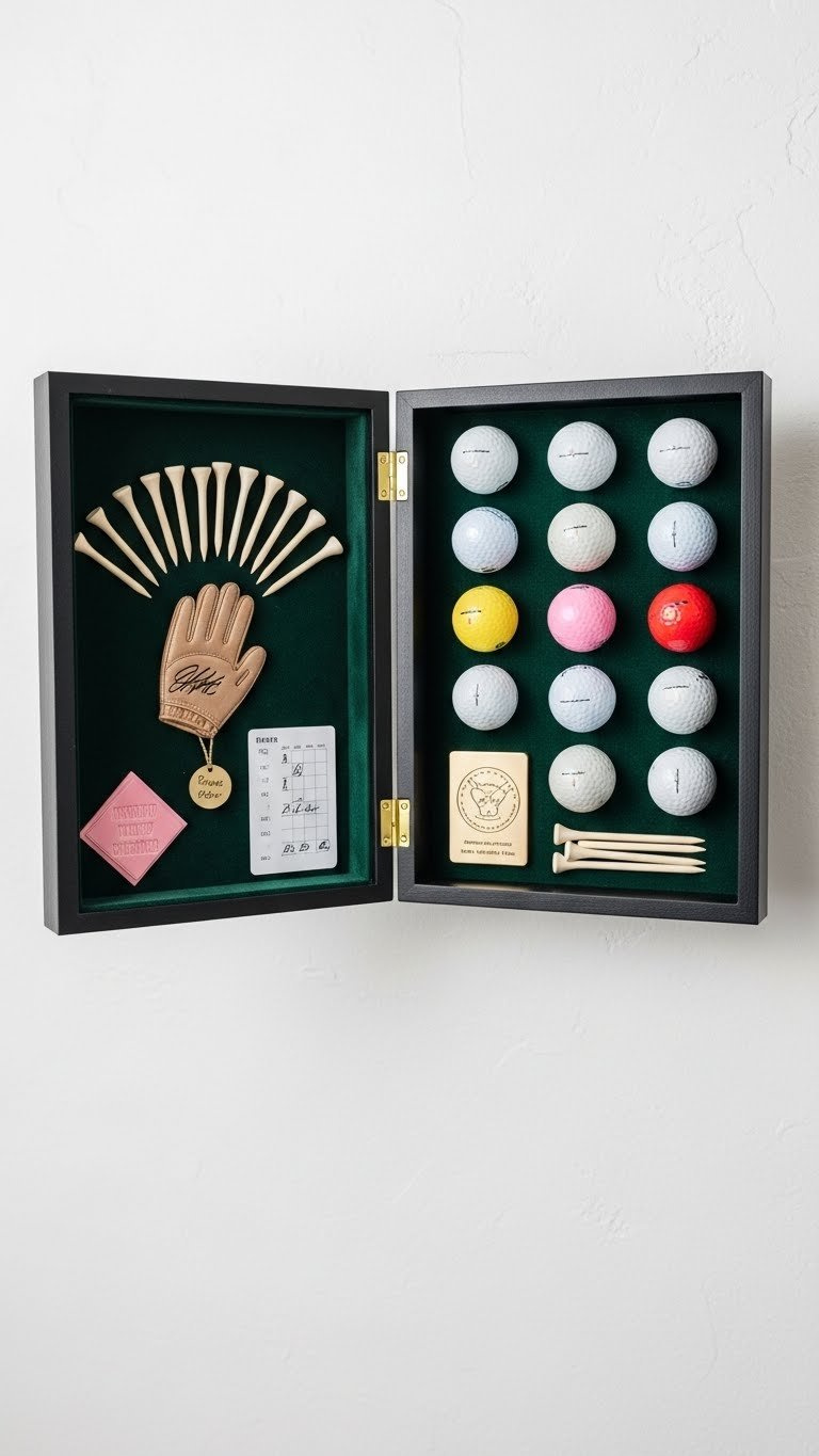 Wall-Mounted Golf Memory Box, Golf Balls &Amp; Tees On Velvet, Score Card, Personalized Tag, Elegant Decor.