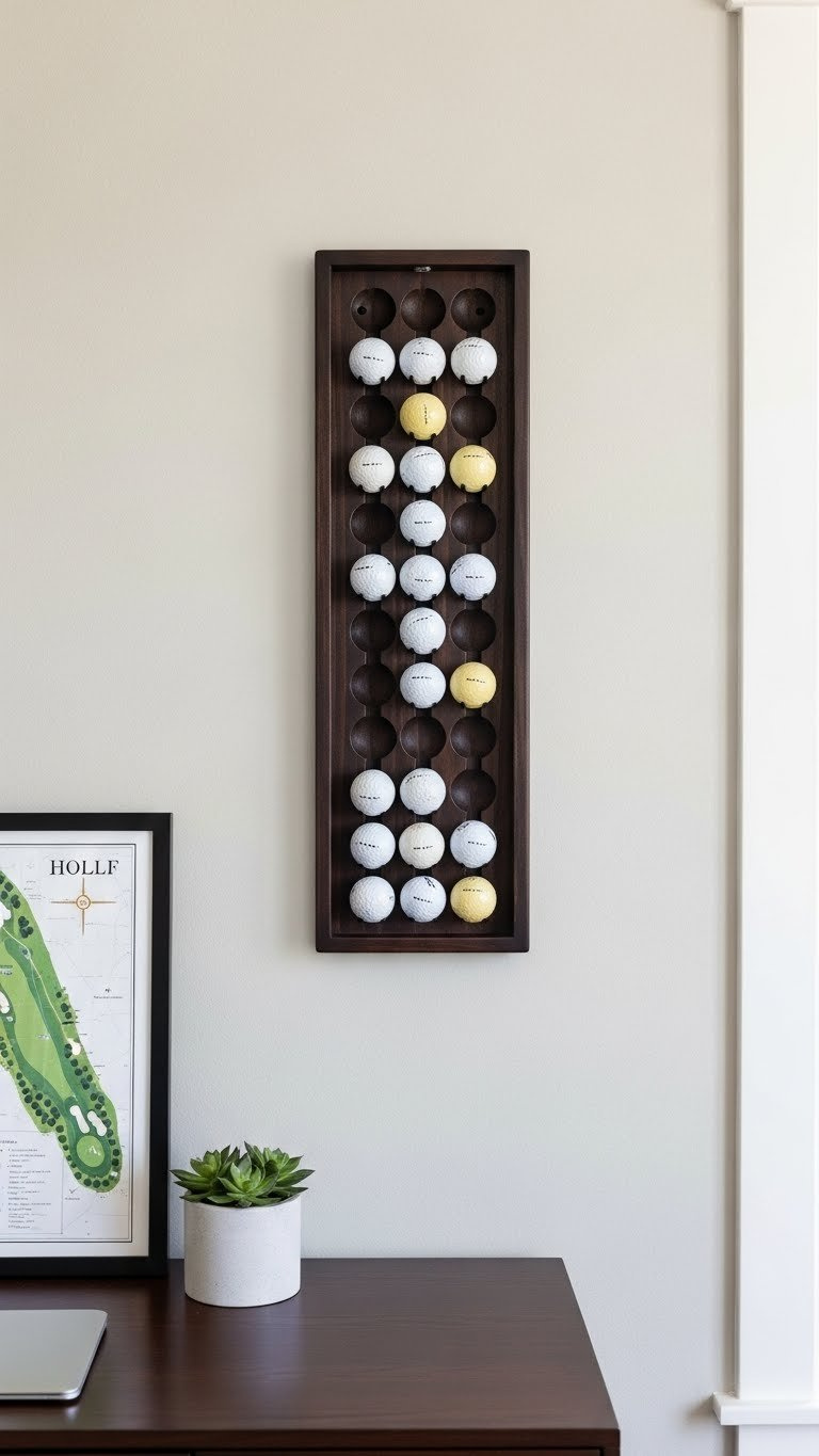 Wall-Mounted Wooden Golf Ball Rack Holder With 25-30 Balls Neatly Arranged In Circular Grooves On Modern Wall