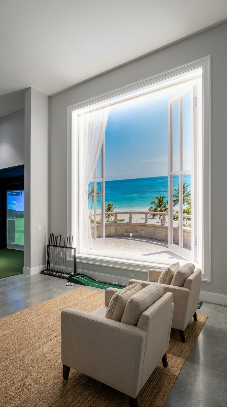 Wall-Sized Beach Mural With Window Trim And Led Backlighting Creating Faux Window Illusion In Basement Golf Room