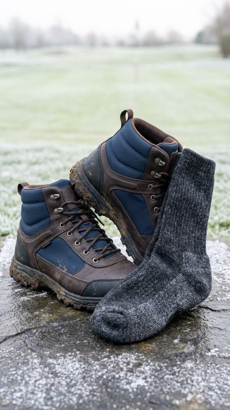 Waterproof High-Top Winter Golf Shoes &Amp; Thermal Socks On Damp Stone. Rugged Texture, Dark Gray And Blue.