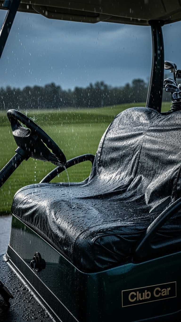 Waterproof Marine Vinyl Golf Cart Seat Cover Shedding Raindrops Under Simulated Shower On Club Car