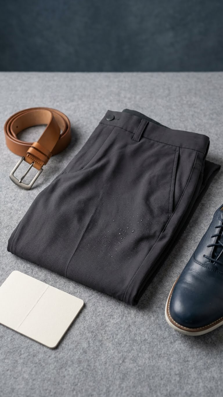 Golfing Outfits Men Winter: Proven Guide To Stay Warm &Amp; Play Weather-Resistant Navy Blue Men'S Golf Trousers With A Dwr Finish, Arranged In A Flat Lay With A Leather Belt And Scorecard.