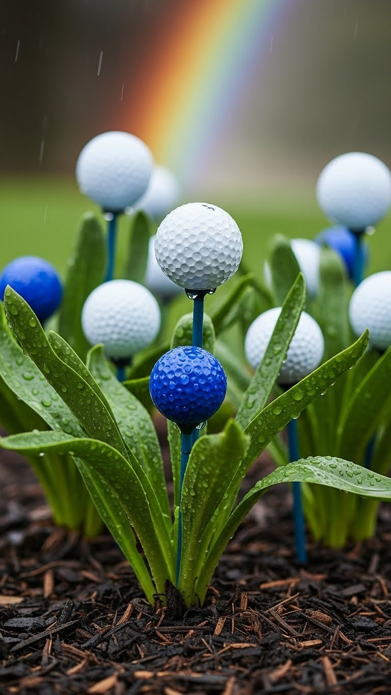 Weatherproofed Diy Golf Ball Flowers Glistening With Raindrops In Damp Garden Setting With Wet Foliage
