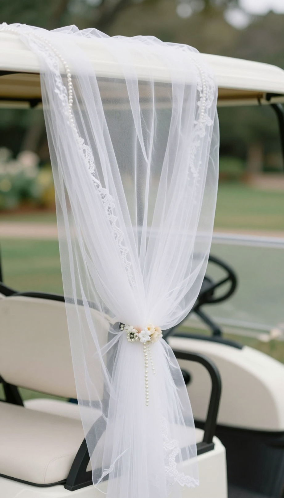 Wedding Golf Cart Draped With Flowing White Tulle And Lace Fabric Creating Dreamy Ethereal Effect With Floral Accents.