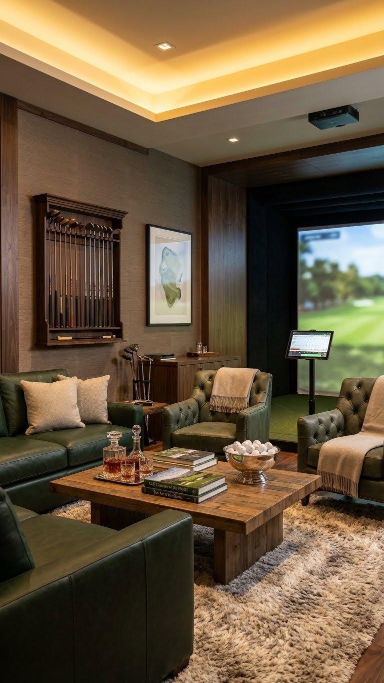 Well-Appointed Luxurious Lounge Area Within A High-End Golf Simulator Room Featuring A Comfortable Sofa, Coffee Table, And Golf Accessories For Entertainment.