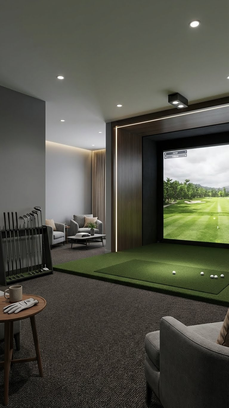 Well-Lit Golf Simulator Room With Virtual Course, Comfy Seating, And Golf Clubs For An Immersive Home Golf Experience.