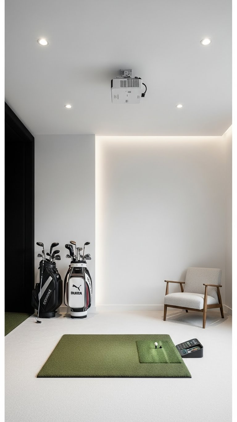 Well-Lit Golf Simulator Setup With Recessed Ceiling Lights And Ambient Led Strips In A Bright Minimalist Interior.