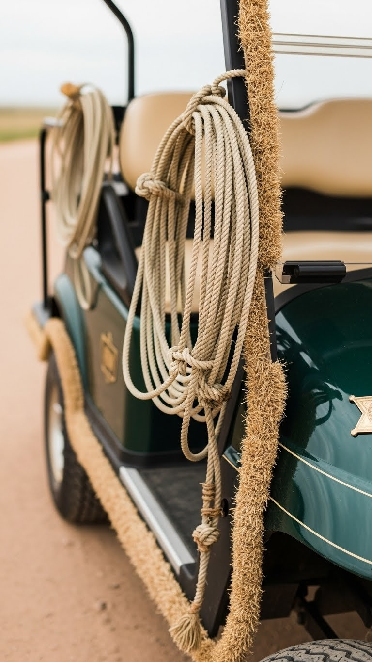 Western Golf Cart Exterior Adorned With Coiled Lasso Ropes And Natural Fiber Trim Details