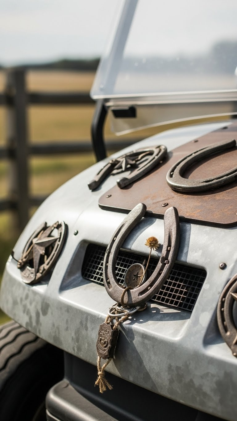 Western Golf Cart Exterior Showcasing Horseshoe Decor And Metal Accents On Weathered Wooden Background