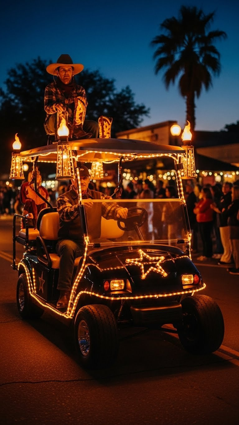 Western Golf Cart Illuminated With Warm Led String Lights And Flickering Flame Lanterns At Night