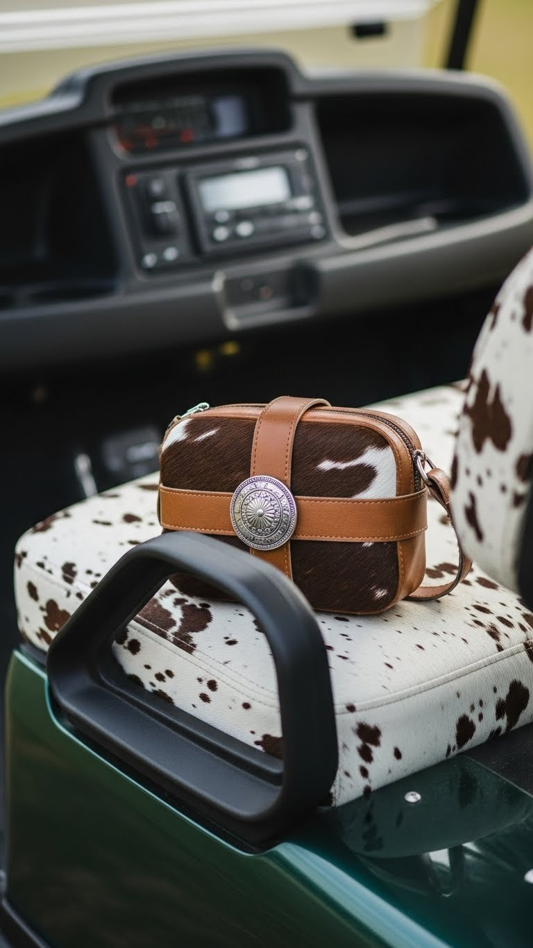 Western Golf Cart Interior Featuring Faux Cowhide Pattern Seat And Leather Accents With Silver Conchos