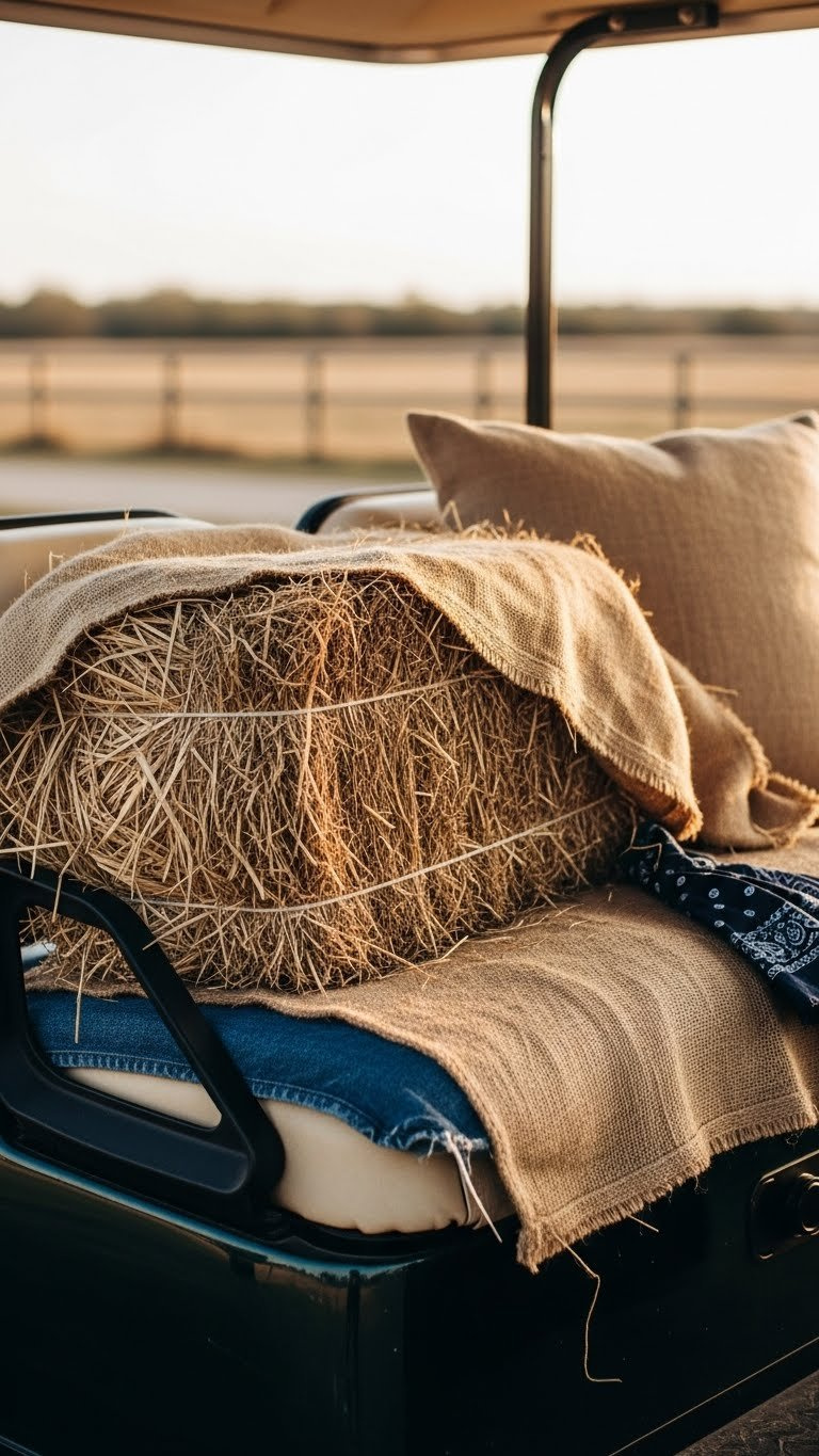 Western Golf Cart Interior Showcasing Faux Hay Bales Covered In Burlap Fabric With Denim Cushions