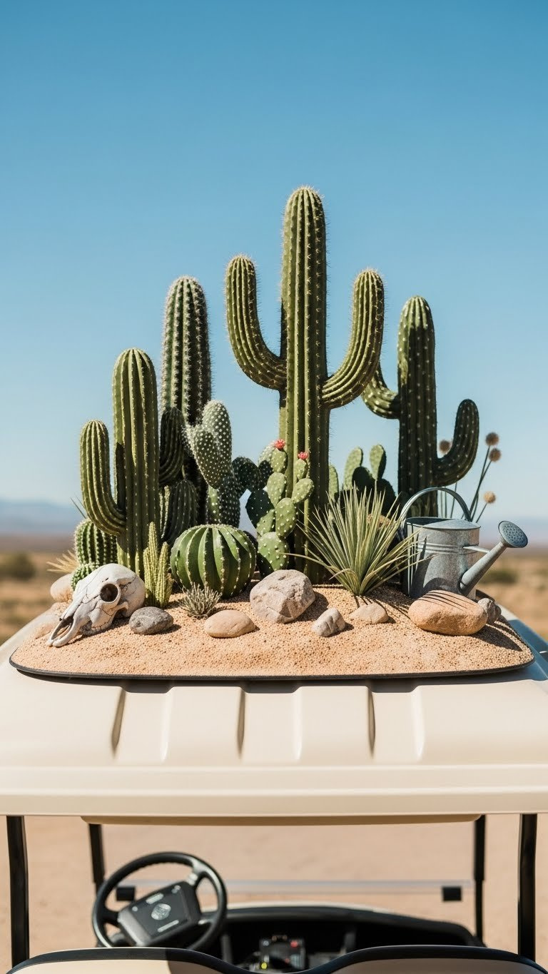 Western Golf Cart Transformed With Desert Landscape Elements Including Faux Cacti And Sand Details